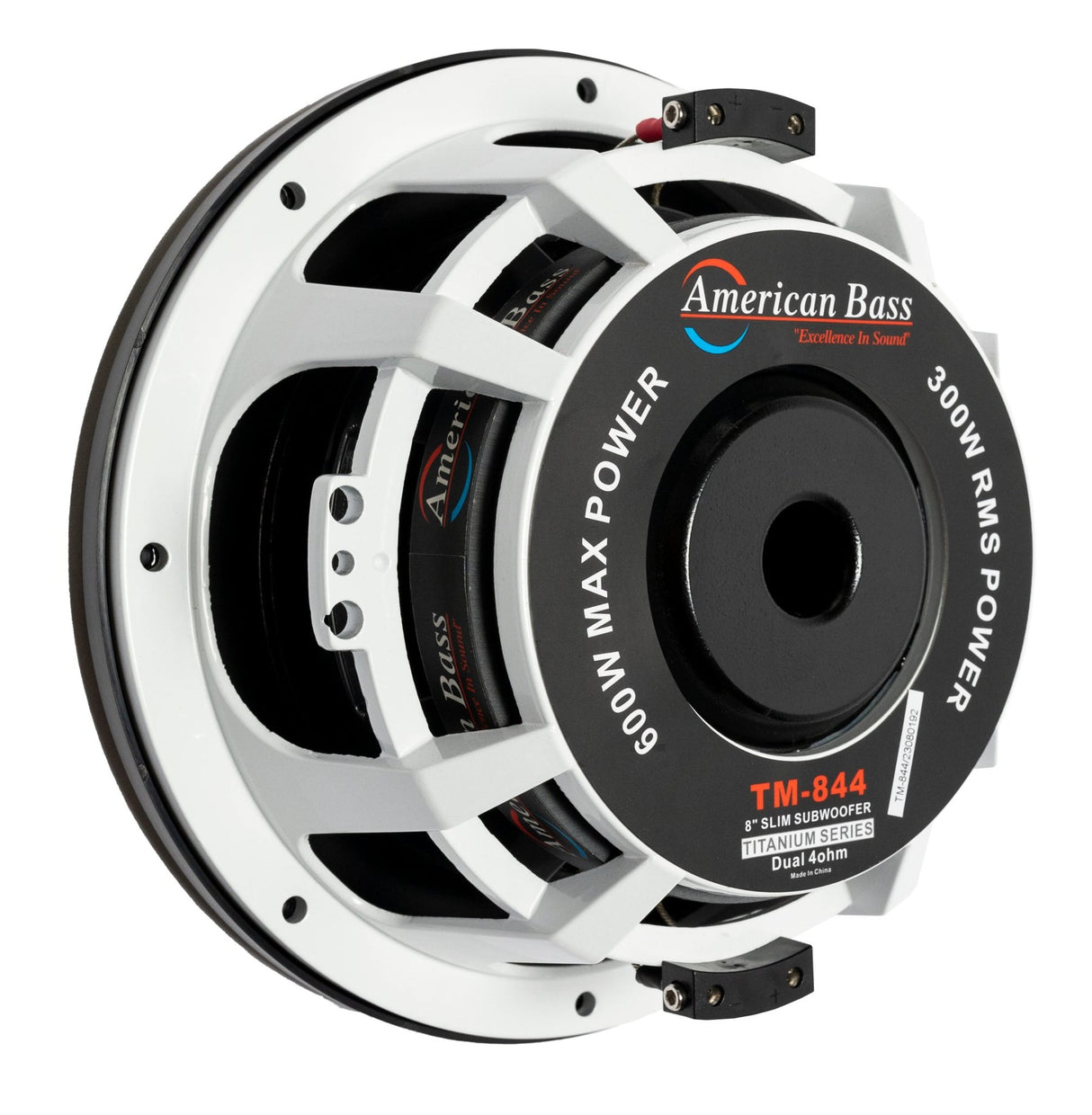 An American Bass Titanium 8" slim subwoofer with a black and white color scheme, designed for compact vehicles.