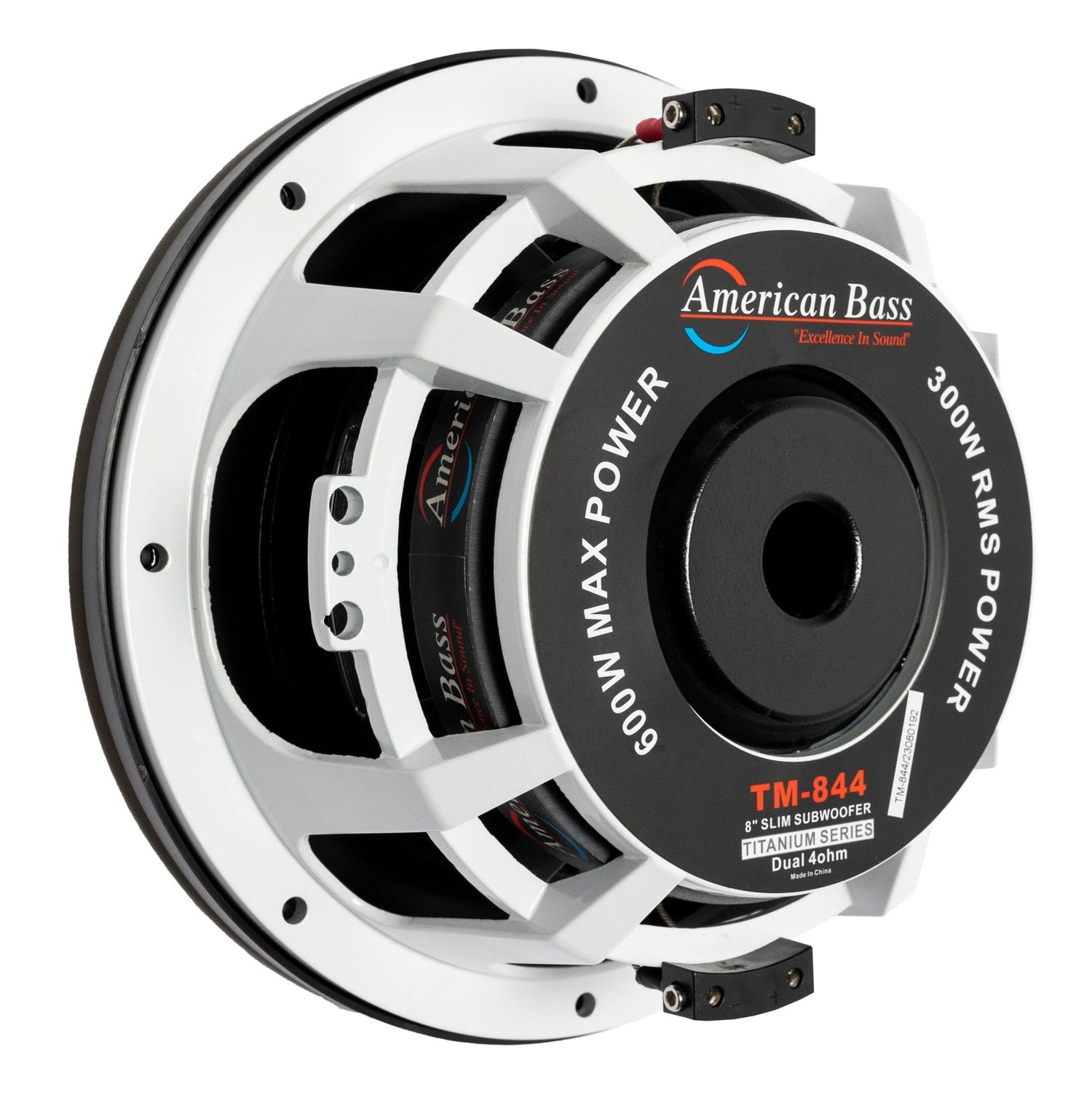 An American Bass Titanium 8" slim subwoofer with a black and white color scheme, designed for compact vehicles.