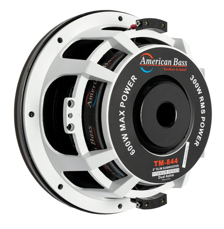 An American Bass Titanium 8" slim subwoofer with a black and white color scheme, designed for compact vehicles.