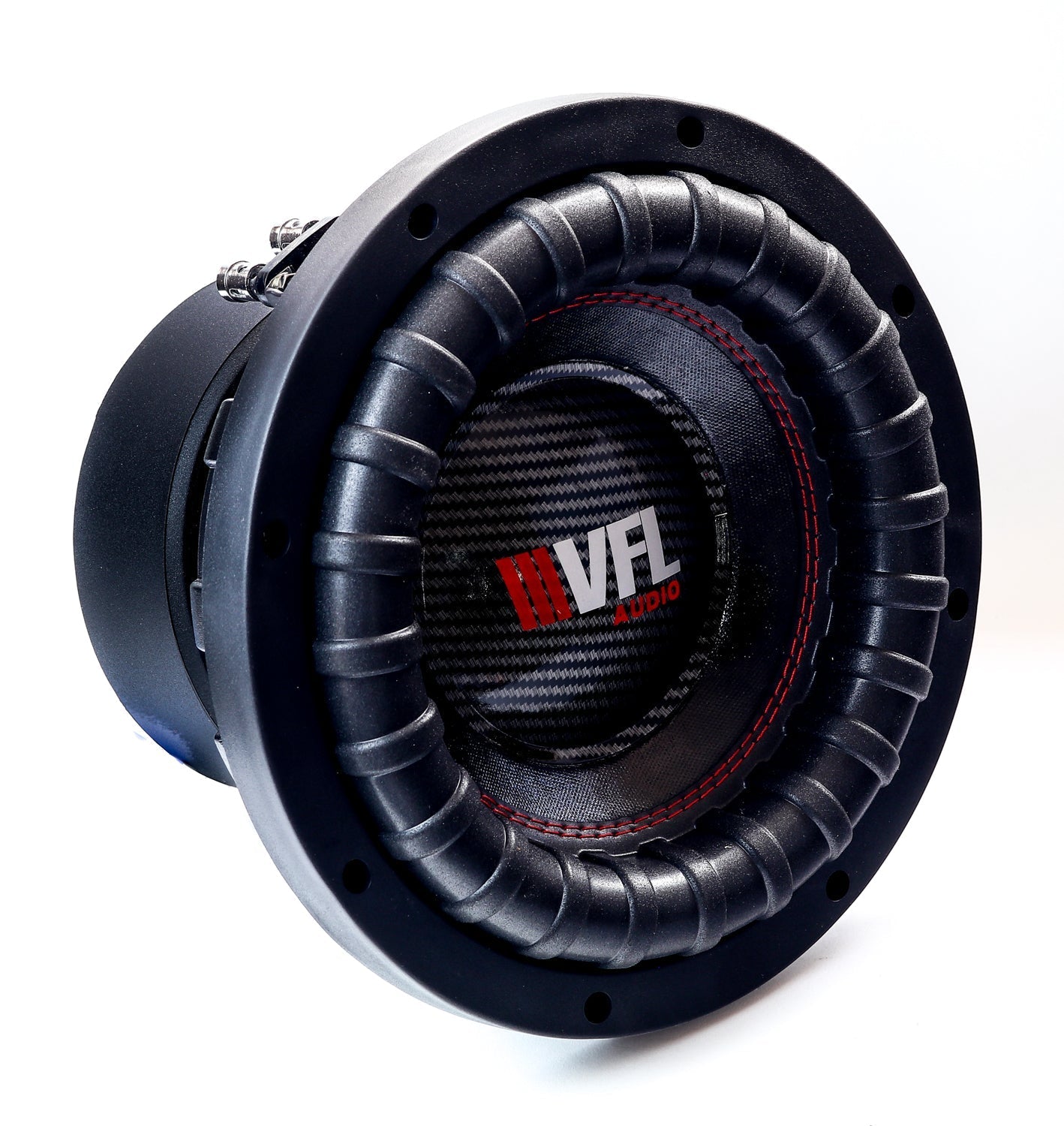 An American Bass VFL 10" subwoofer with a black and red color scheme, featuring a paper cone and a carbon fiber dust cap.