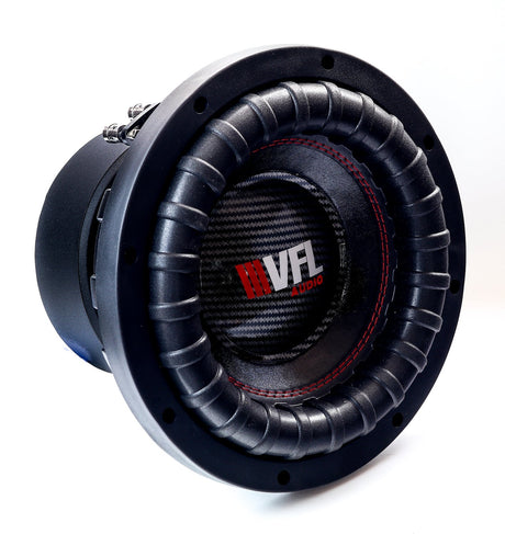 An American Bass VFL 10" subwoofer with a black and red color scheme, featuring a paper cone and a carbon fiber dust cap.