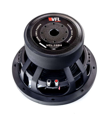 An American Bass VFL 10" subwoofer with a black and red color scheme, featuring a paper cone and a carbon fiber dust cap.