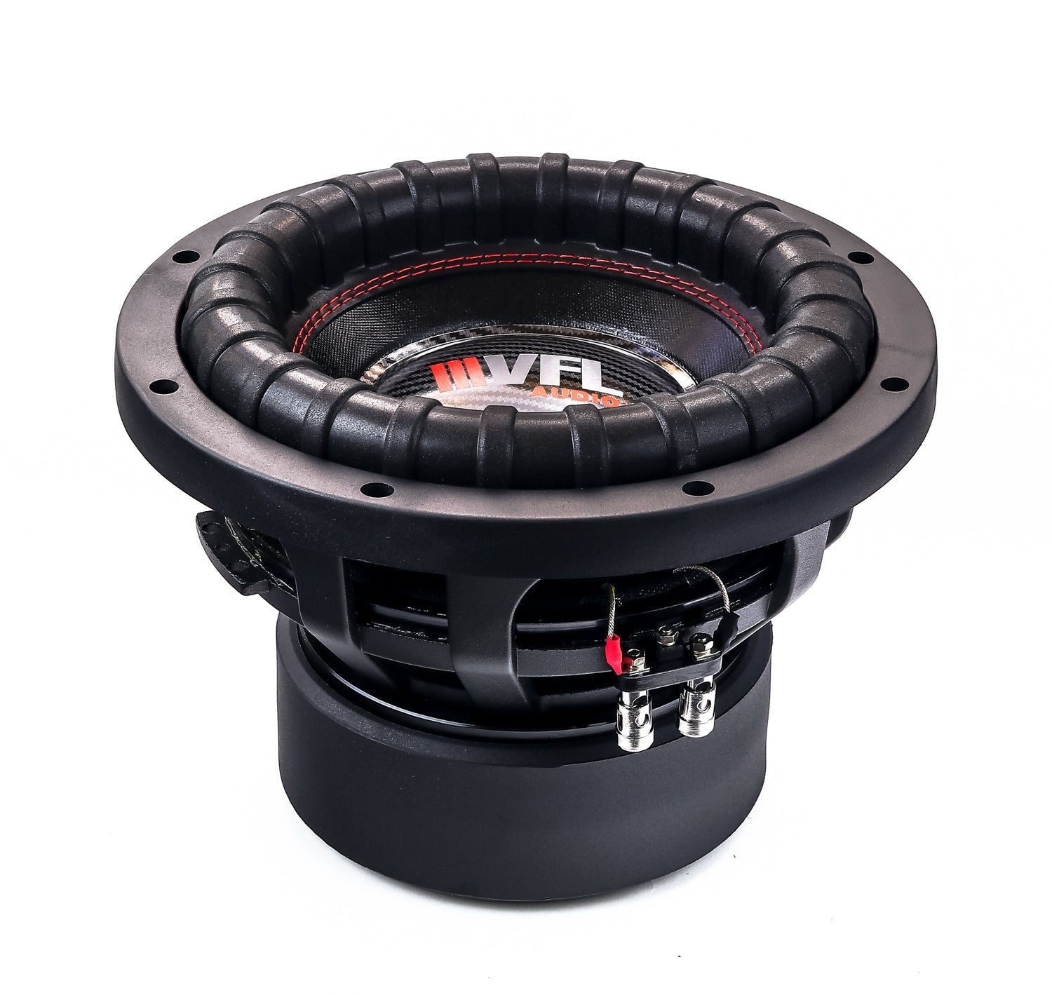 An American Bass VFL 10" subwoofer with a black and red color scheme, featuring a paper cone and a carbon fiber dust cap.