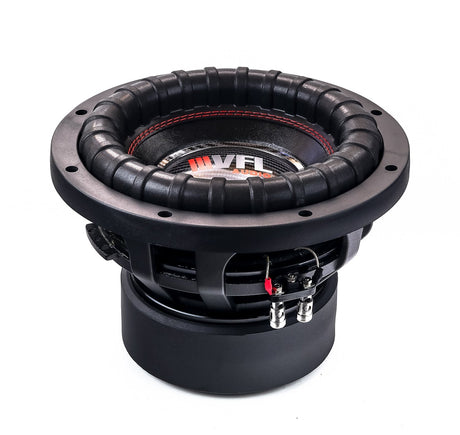 An American Bass VFL 10" subwoofer with a black and red color scheme, featuring a paper cone and a carbon fiber dust cap.