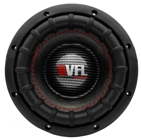 American Bass VFL 8 inch Subwoofer with a black frame and red and gray material in the center, featuring the brand logo.