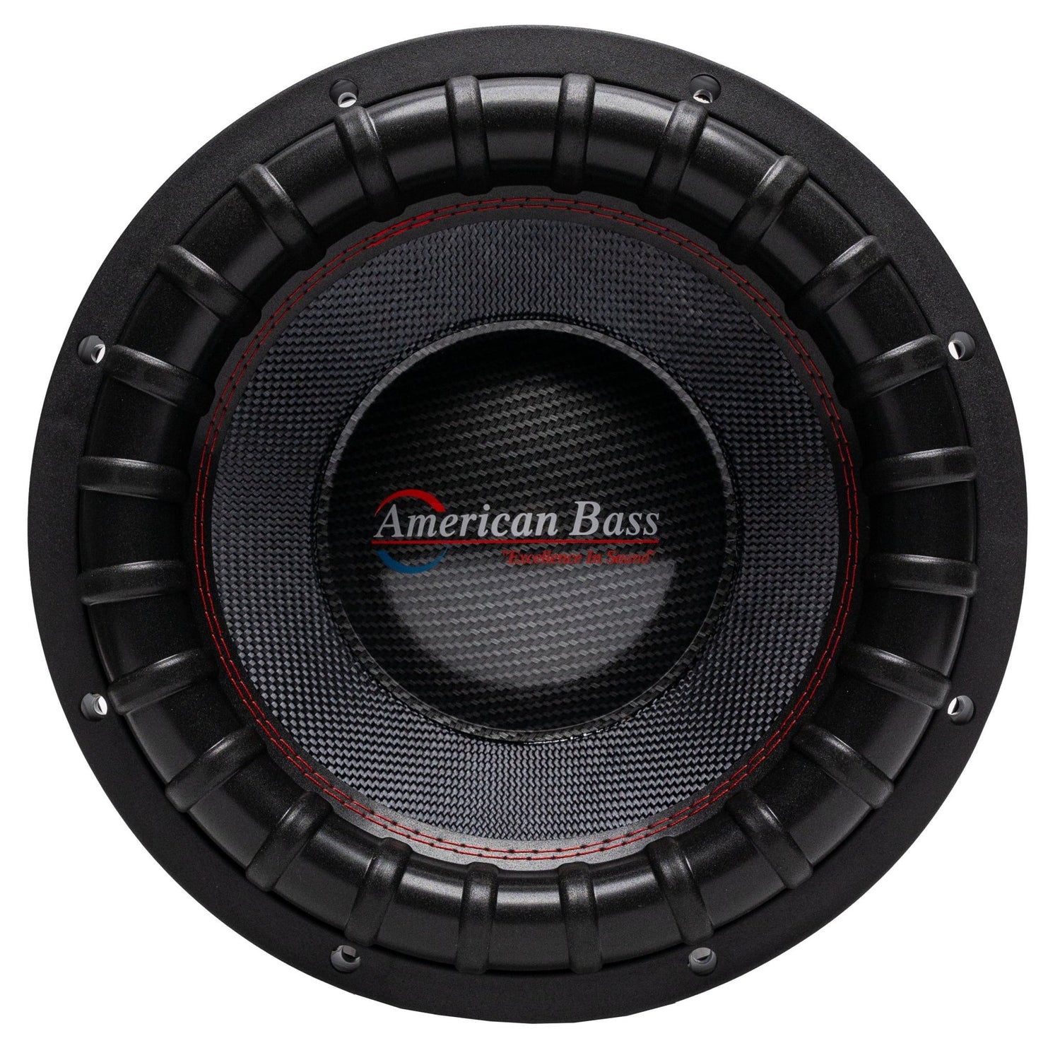 American Bass VFL Comp Signature 12-inch subwoofer, black with a carbon fiber paperback cone and red and white brand logo in the center.