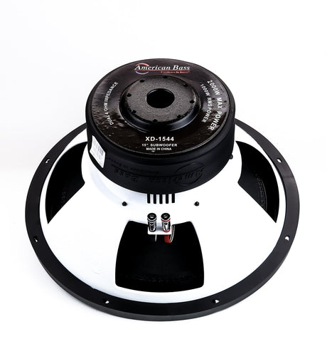 An image showing the front and back view of the American Bass XD 15" Subwoofer, with a black and red color scheme and the brand name visible.