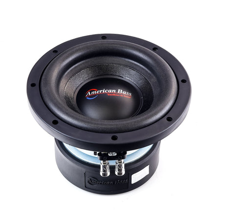 An American Bass XD 8" Subwoofer with a black and blue color scheme, showing the front view with the brand logo visible.