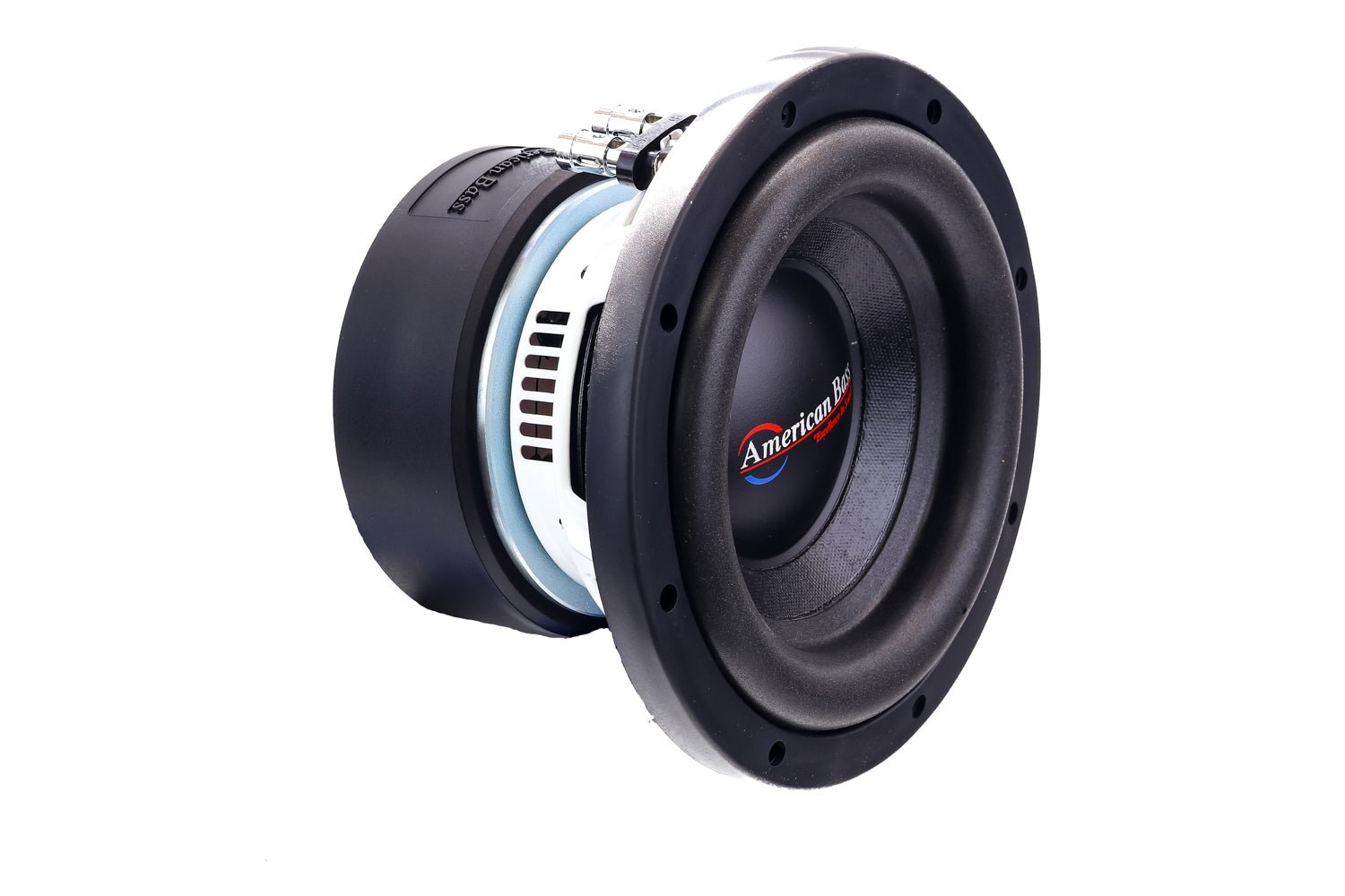 An American Bass XD 8" Subwoofer with a black and blue color scheme, showing the front view with the brand logo visible.
