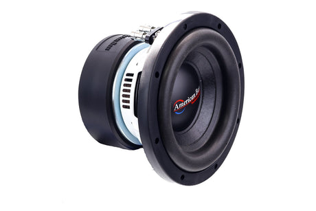 An American Bass XD 8" Subwoofer with a black and blue color scheme, showing the front view with the brand logo visible.