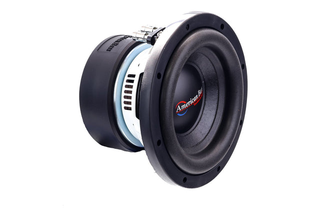 An American Bass XD 8" Subwoofer with a black and blue color scheme, showing the front view with the brand logo visible.