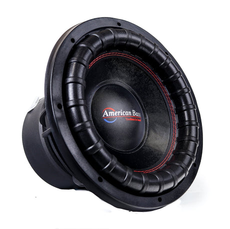 American Bass XFL 15-inch high-power subwoofer with a black and red color scheme, showing the cone and the magnetic parts of the speaker.