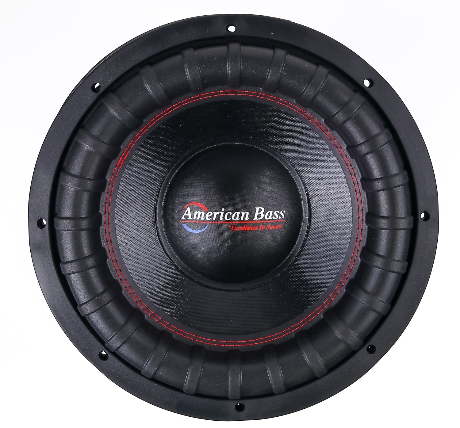American Bass XFL 15-inch high-power subwoofer with a black and red color scheme, showing the cone and the magnetic parts of the speaker.