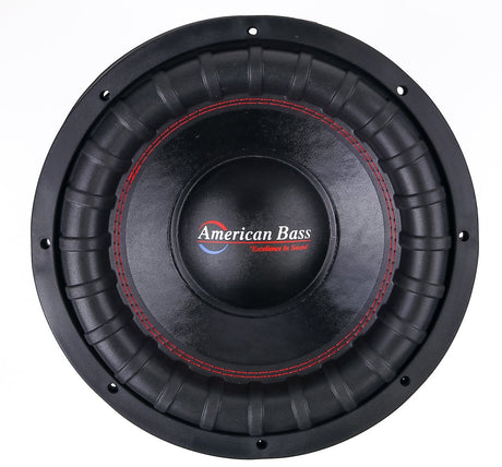 American Bass XFL 15-inch high-power subwoofer with a black and red color scheme, showing the cone and the magnetic parts of the speaker.