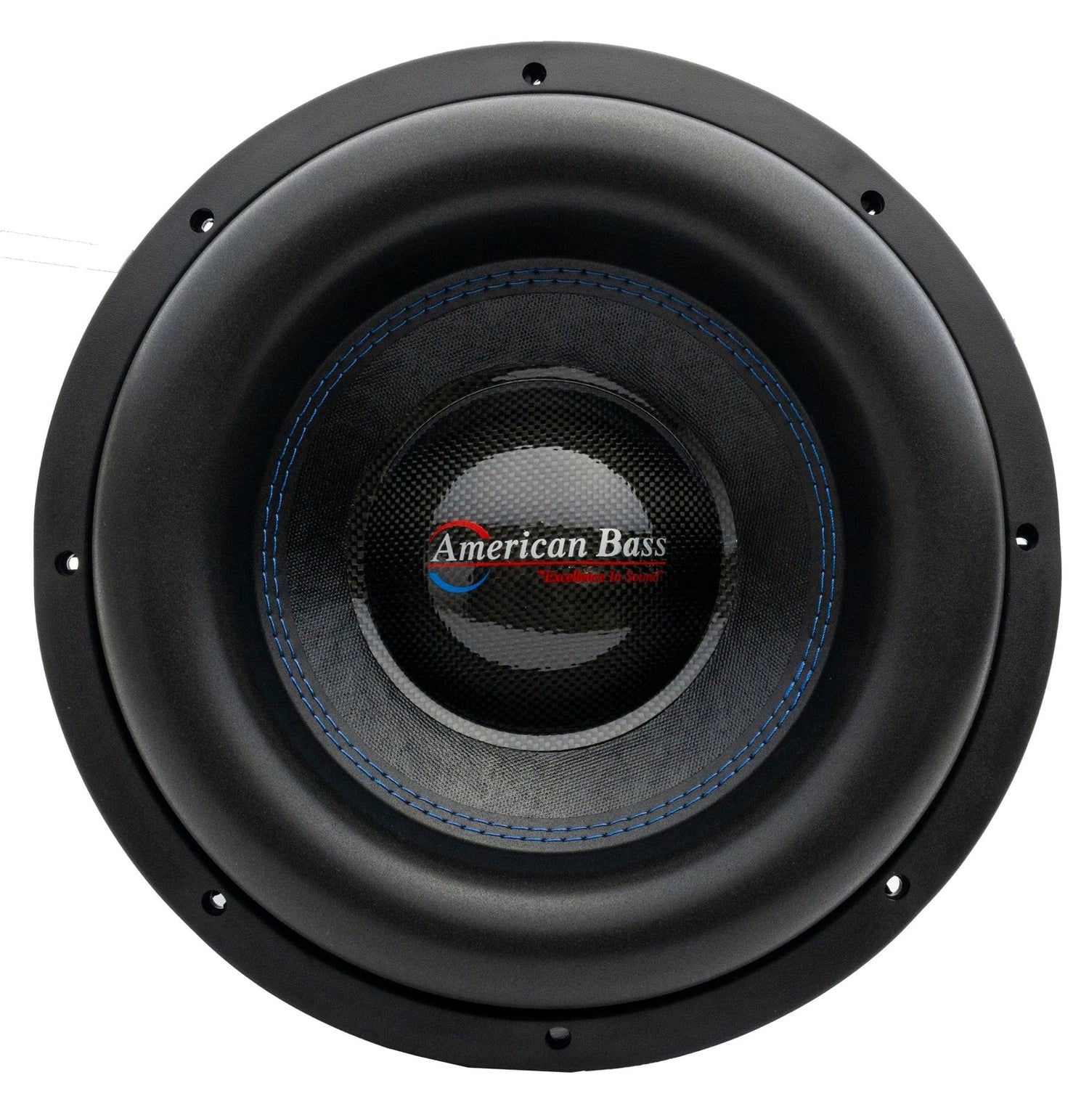 An American Bass XMAXXX Monster 12" subwoofer with a black basket and blue stitching.