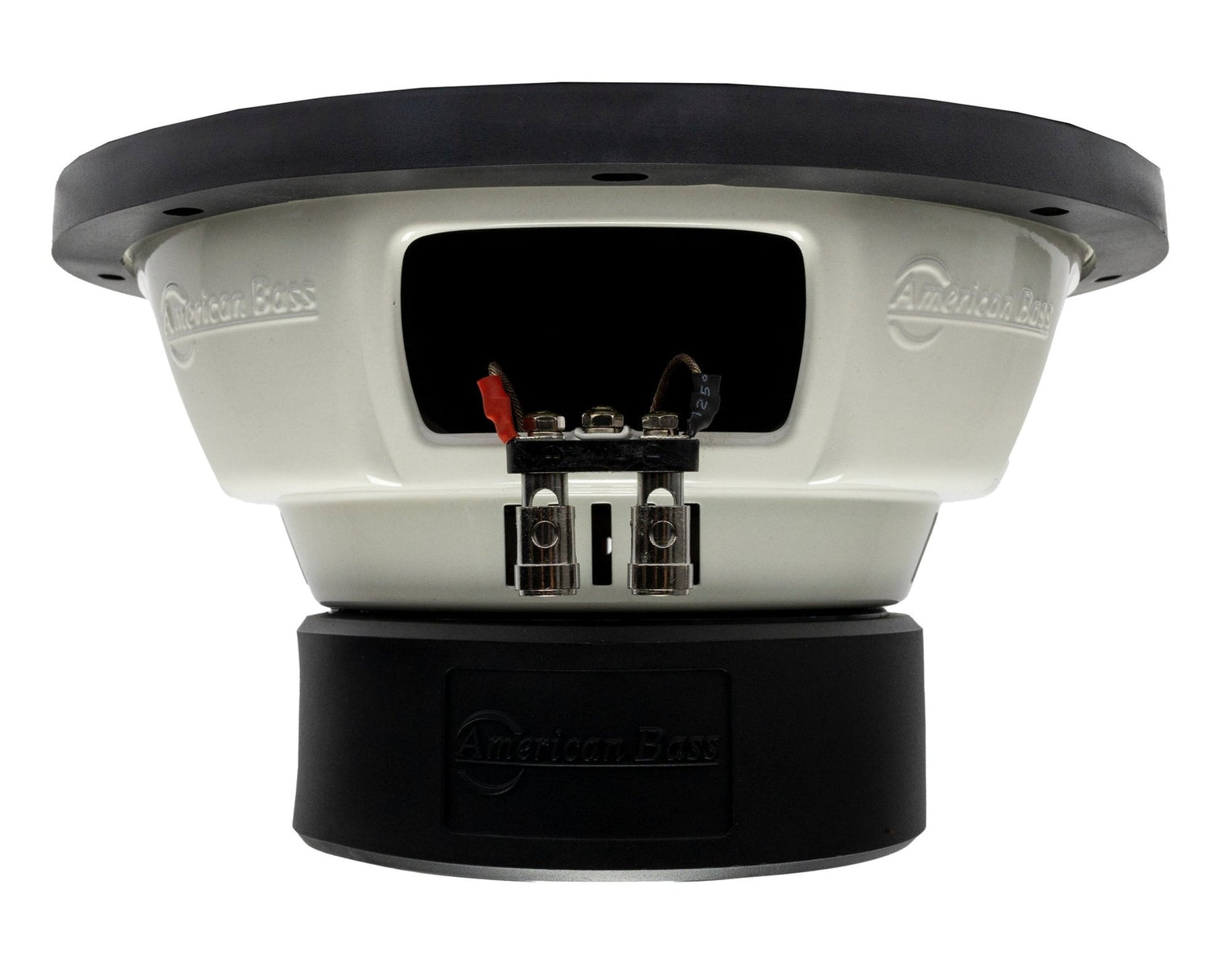 An American Bass XO 10" subwoofer with a black steel basket and red trim.