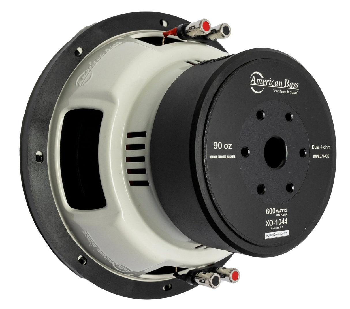 An American Bass XO 10" subwoofer with a black steel basket and red trim.