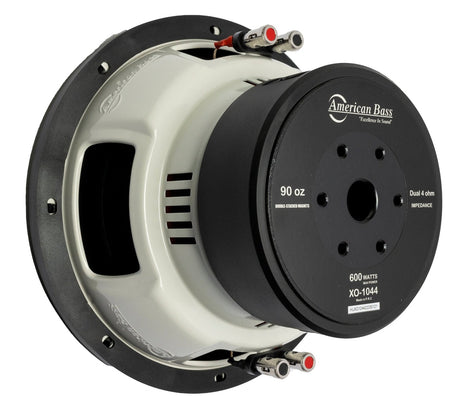 An American Bass XO 10" subwoofer with a black steel basket and red trim.
