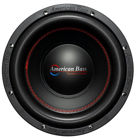 An American Bass XO 10" subwoofer with a black steel basket and red trim.
