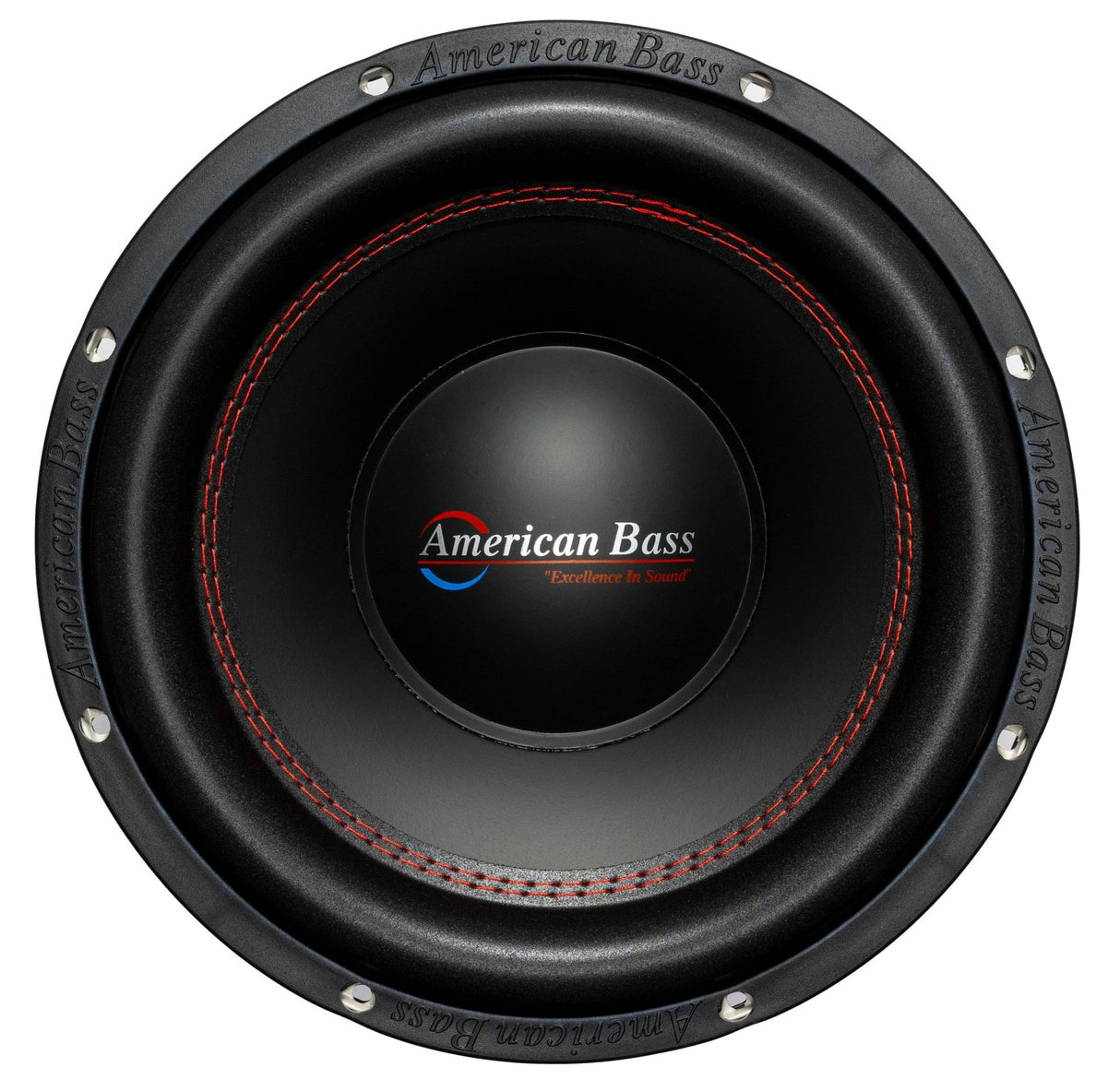 An American Bass XO 12 inch subwoofer with a black and red color scheme, featuring dual voice-coil design.