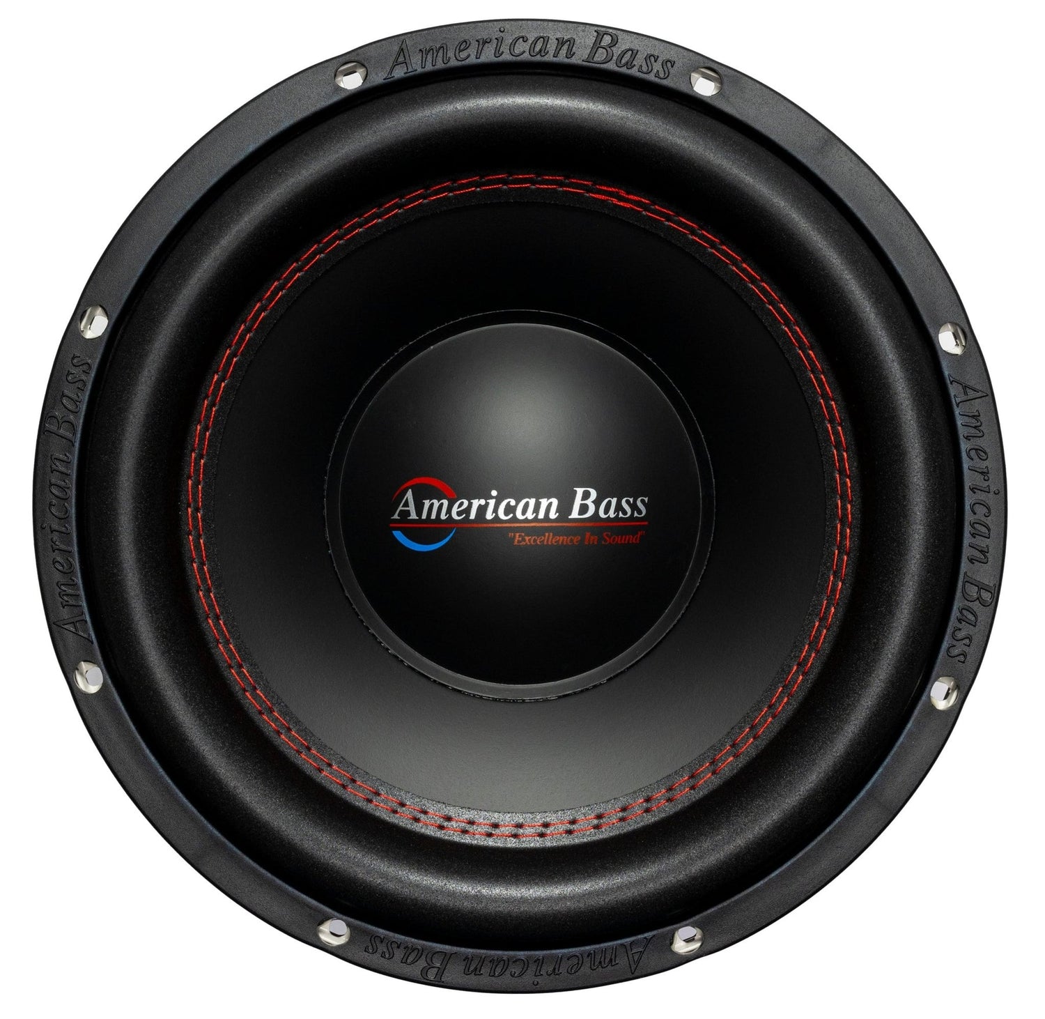 An American Bass XO 12 inch subwoofer with a black and red color scheme, featuring dual voice-coil design.