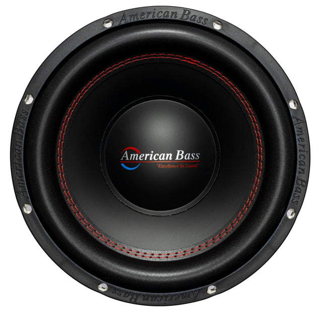 An American Bass XO 12 inch subwoofer with a black and red color scheme, featuring dual voice-coil design.