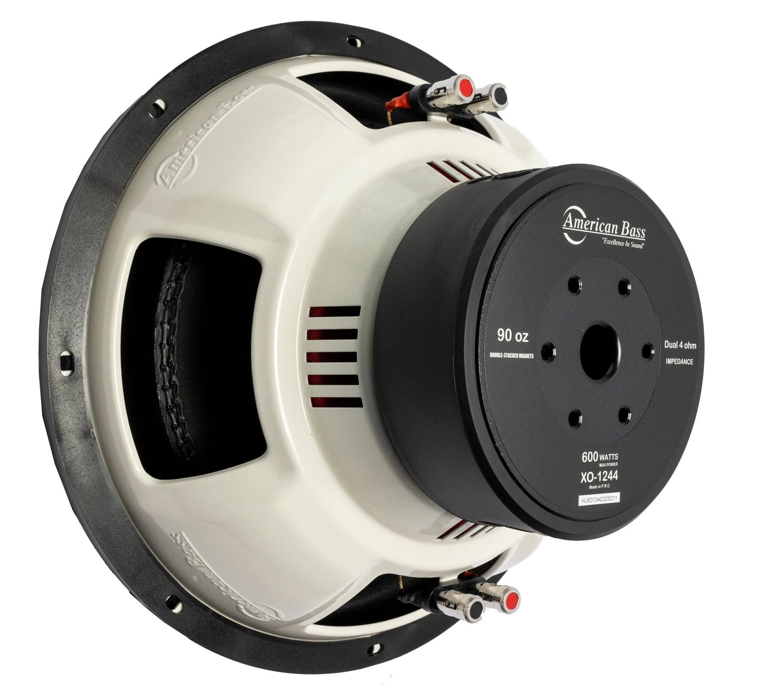 An American Bass XO 12 inch subwoofer with a black and red color scheme, featuring dual voice-coil design.