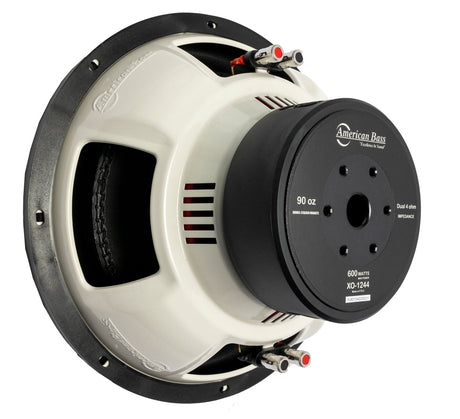 An American Bass XO 12 inch subwoofer with a black and red color scheme, featuring dual voice-coil design.
