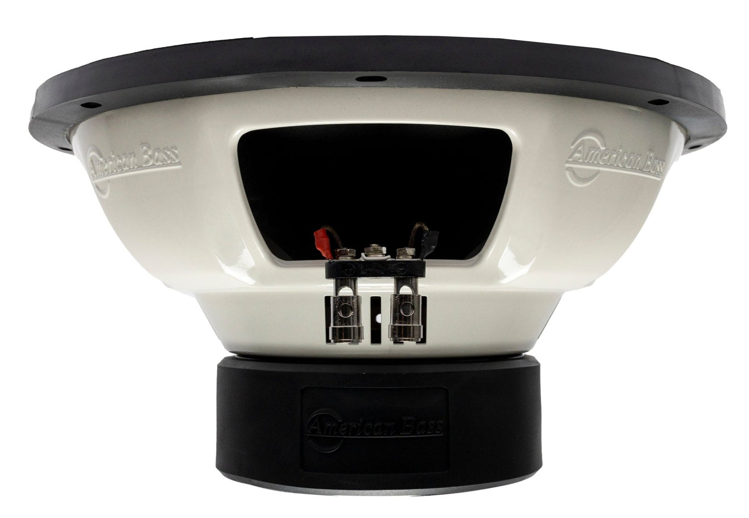 An American Bass XO 12 inch subwoofer with a black and red color scheme, featuring dual voice-coil design.