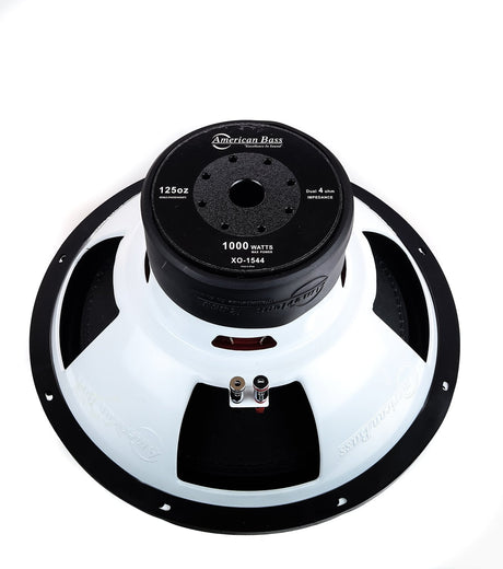 An American Bass XO 15-inch subwoofer with a black voice coil and a red circle pattern in the center.