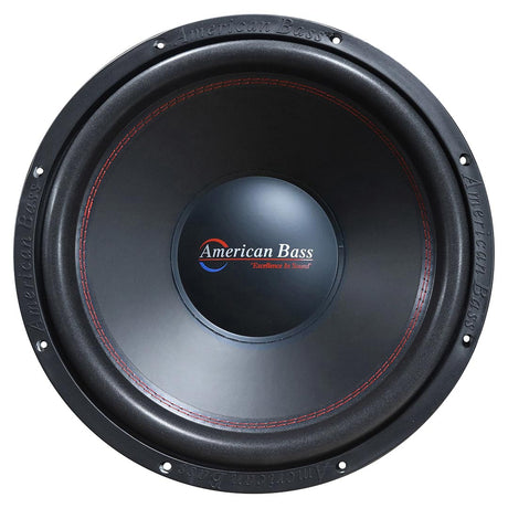 An American Bass XO 15-inch subwoofer with a black voice coil and a red circle pattern in the center.