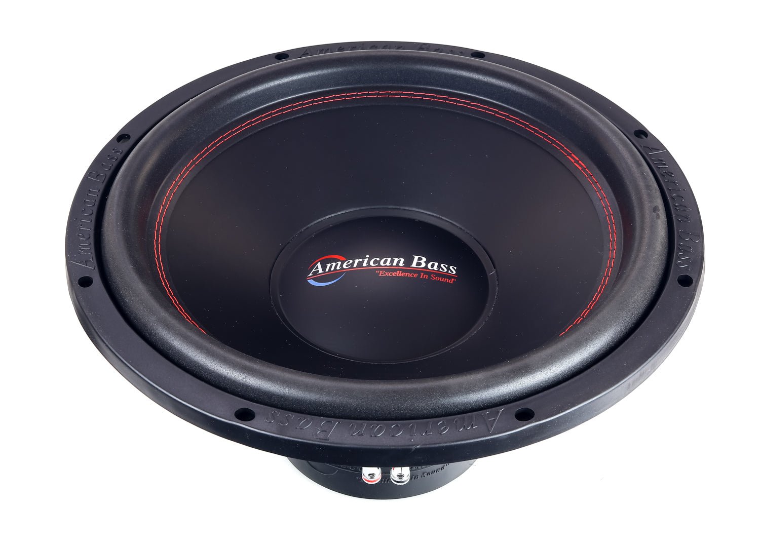 An American Bass XO 15-inch subwoofer with a black voice coil and a red circle pattern in the center.