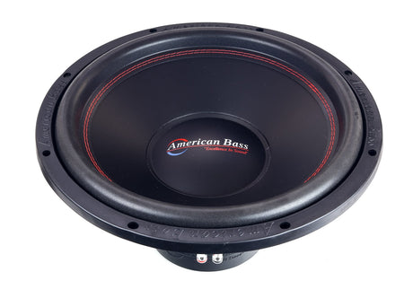 An American Bass XO 15-inch subwoofer with a black voice coil and a red circle pattern in the center.