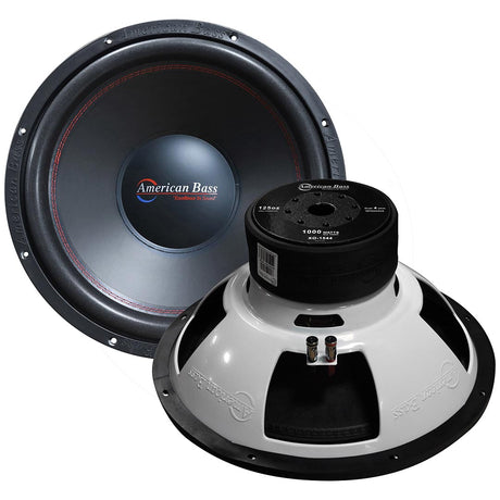 An American Bass XO 15-inch subwoofer with a black voice coil and a red circle pattern in the center.