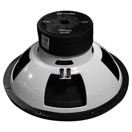 An American Bass XO 15-inch subwoofer with a black voice coil and a red circle pattern in the center.