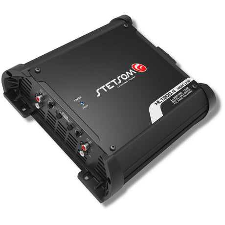 Stetsom HL 1200.4 Class D 4-Channel Amplifier – angled view showing compact chassis and crossover controls.