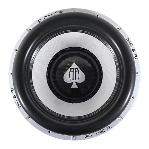 Audio Ace Subwoofer top view show the surround and cone with the Audio Ace Logo

