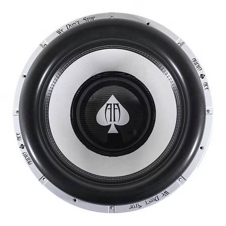 Audio Ace Subwoofer top view show the surround and cone with the Audio Ace Logo
