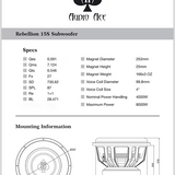 Technical specifications and mounting information for Audio Ace Rebellion 15S subwoofer.
