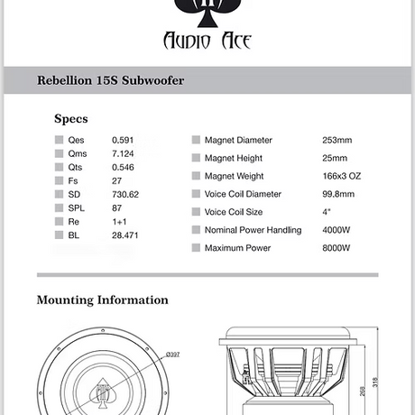 Technical specifications and mounting information for Audio Ace Rebellion 15S subwoofer.