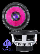 Speaker with pink and black design on a black background, featuring the Audio Ace logo.