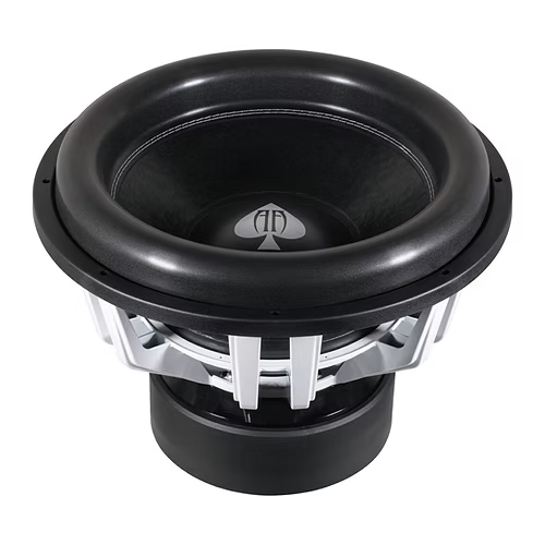 Angled view of the Audio Ace Rebellion 18" subwoofer showcasing its durable rubber surround and bold Audio Ace logo on the cone. 