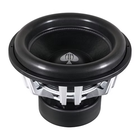 Angled view of the Audio Ace Rebellion 18" subwoofer showcasing its durable rubber surround and bold Audio Ace logo on the cone. 