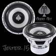 Two Audio Ace Jester 15" subwoofers with the brand logo on a black background.