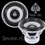 Two Audio Ace Jester 15" subwoofers with the brand logo on a black background.