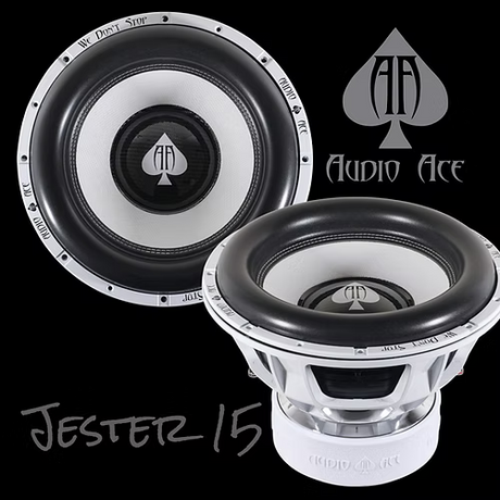 Two Audio Ace Jester 15" subwoofers with the brand logo on a black background.