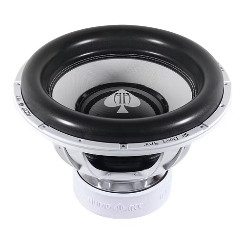 Side view of the Audio Ace jester subwoofer with the Audio Ace logo on the dust cap 