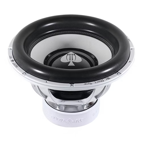 Side view of the Audio Ace jester subwoofer with the Audio Ace logo on the dust cap 
