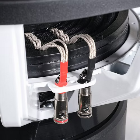 Close-up of the Audio Ace Rebellion 18" subwoofer speaker terminals. 