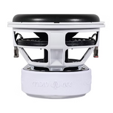 Side view of the Audio Ace jester Subwoofer. Rubber motor boot showing the Audio Ace logo.
